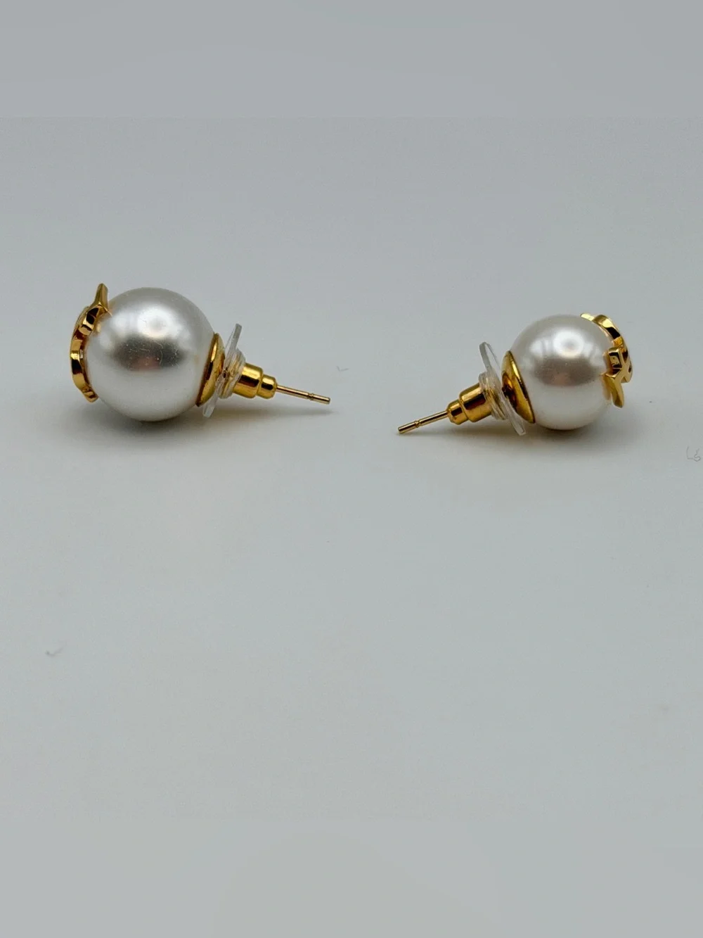 Saint Laurent Gold Logo Pearl Cassandra Asymmetrical Stud Earrings YSL Gold Tone